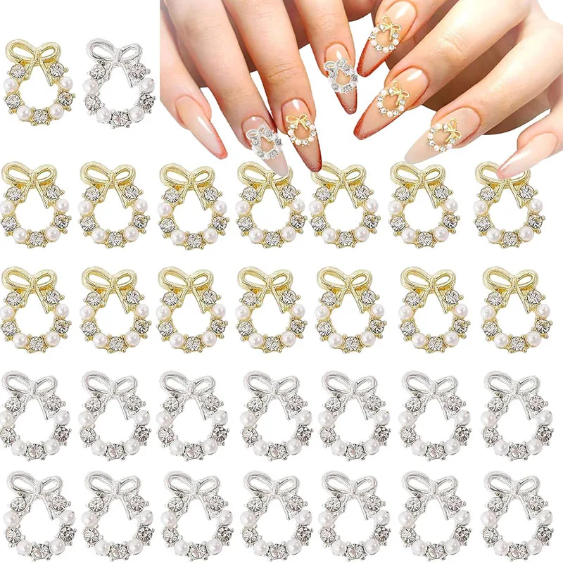 20Pcs Silver Gold Wreath Nail Charms 3D Christmas Pearl Garland Nail Jewels Rhinestones for Nails Y2K Nail Gems Design Nail Art