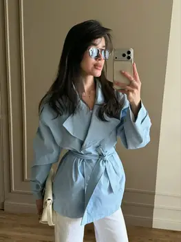 Casual Solid Lapel Lace Up Trench Coat Women's Elegant Long Sleeve Loose Short Coat 2026 Autumn New Daily Commute Street Outwear