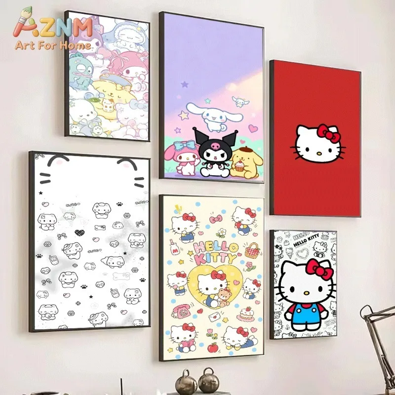 Sanrio Cute Cartoon Characters Poster Hello Kitty Kuromi Cinnamoroll Pastel Canvas Wall Art No Frame Girls Bedroom Decor Art Gif