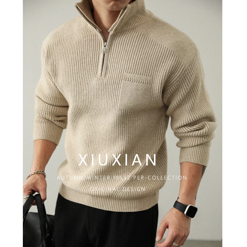 

Новый модный джемпер с воротником-стойкой для мужчин, осень-зима 2022, модный свитер на молнии, толстая теплая одежда с длинными рукавами, пуловер, вязаные топы