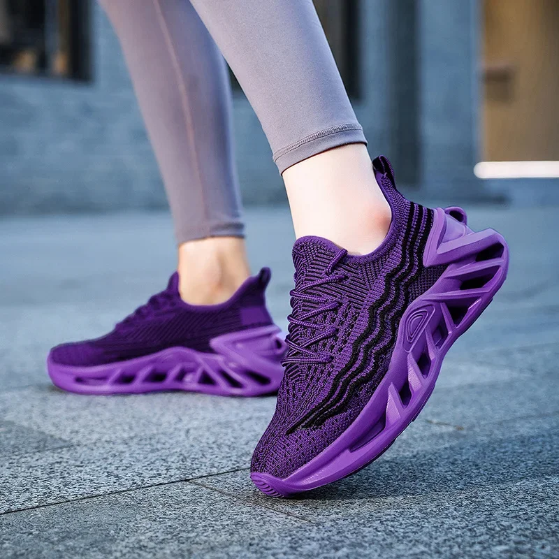 

Purple Running Shoes Unisex Knit Breathable Platform Men's Casual Sneakers Outdoor Non-slip Lace-up Women's Sports Shoes Hombre