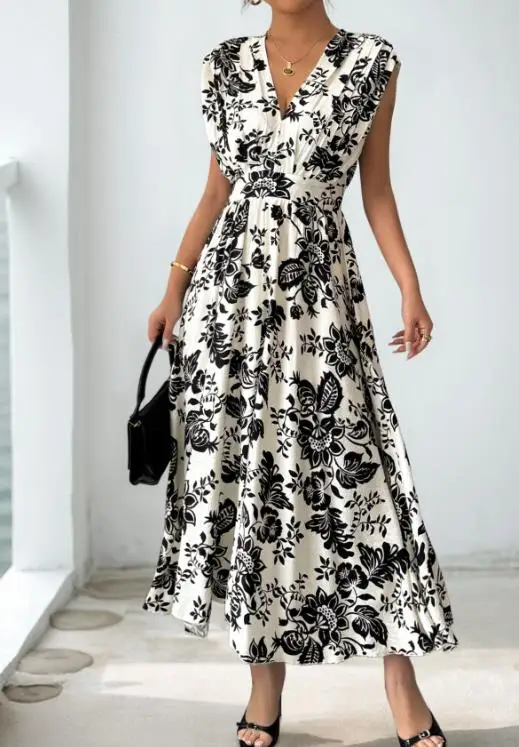 

Women's Dress Summer New Style French Elegant Temperament Slim Fit Flower Print V-Neck High Waisted Sleeveless A-Line Long Dress