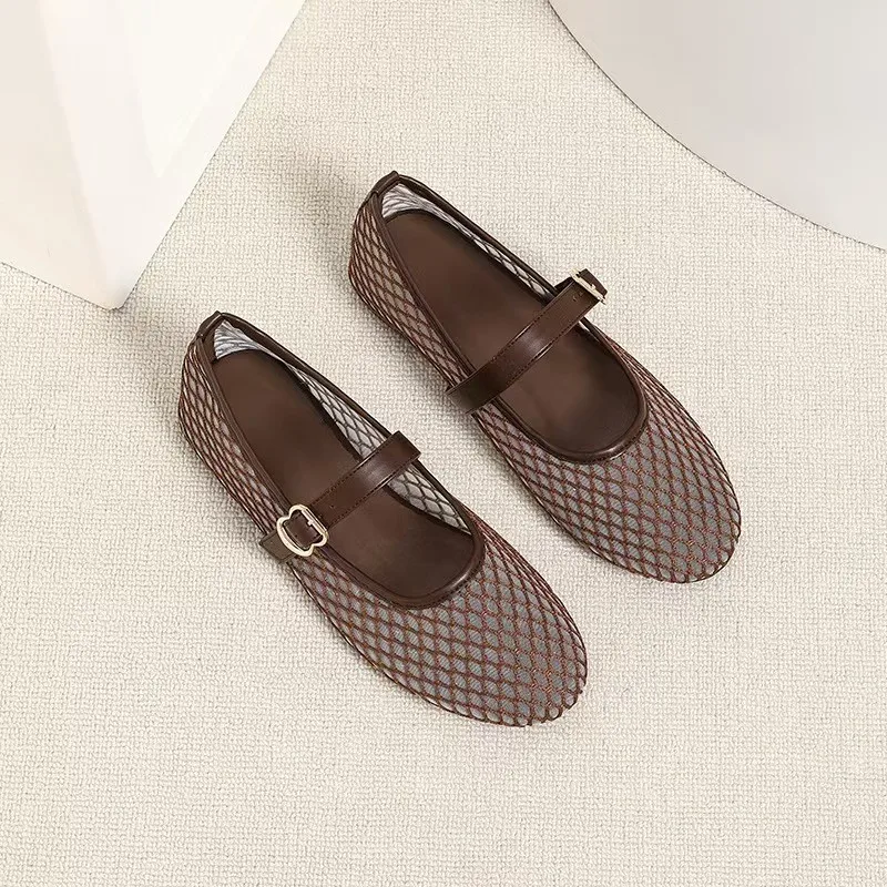 Summer Ballet Flats with Rhinestones, Mesh Mary Jane Fishnet Strap Hollow-Out Women's Sandals