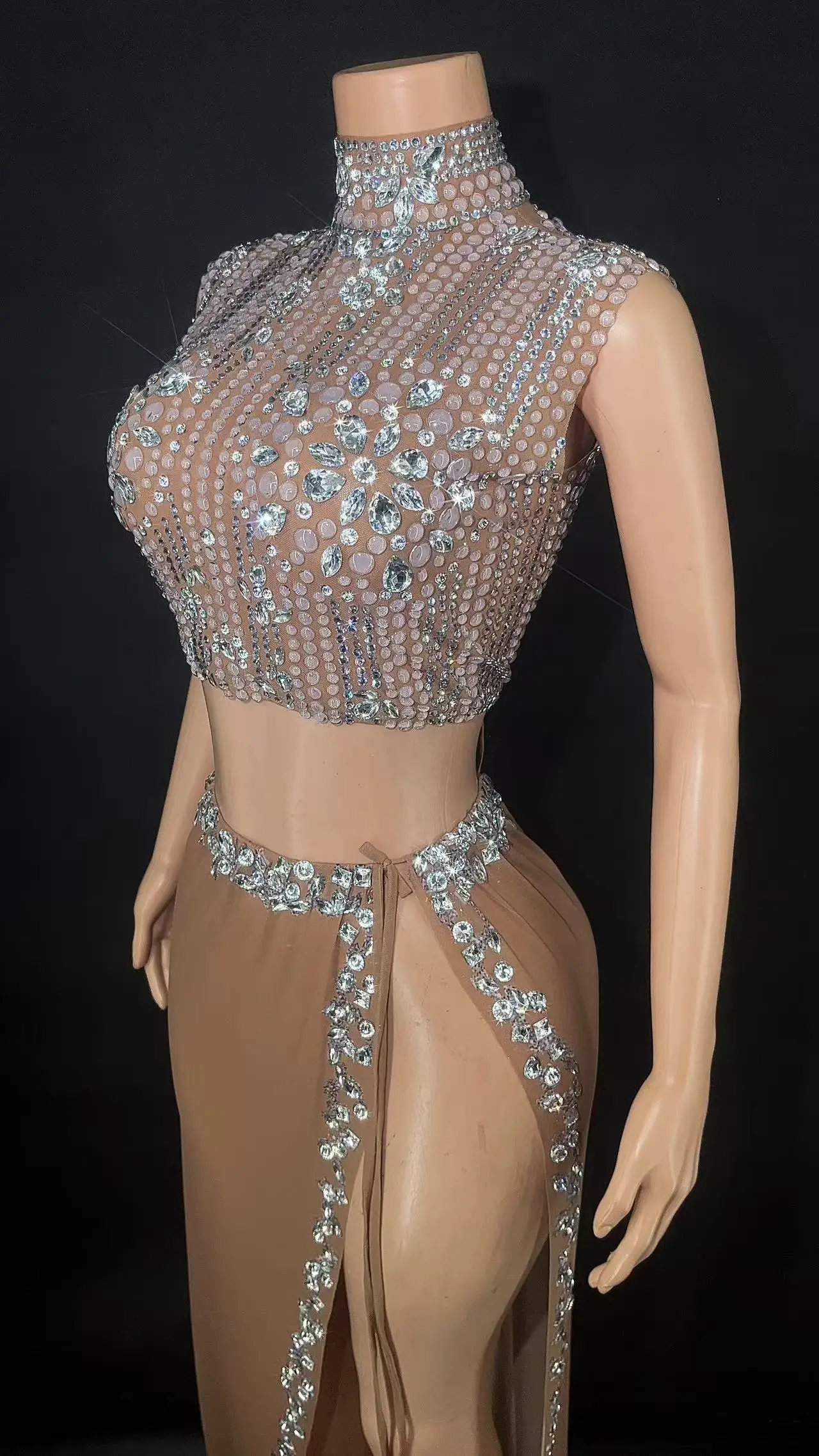 ZD Seksowny, błyszczący, srebrny, zdobiony cyrkoniami top i spódnica, dwuczęściowy zestaw damski na wieczorne przyjęcie, kostium sceniczny do klubu nocnego