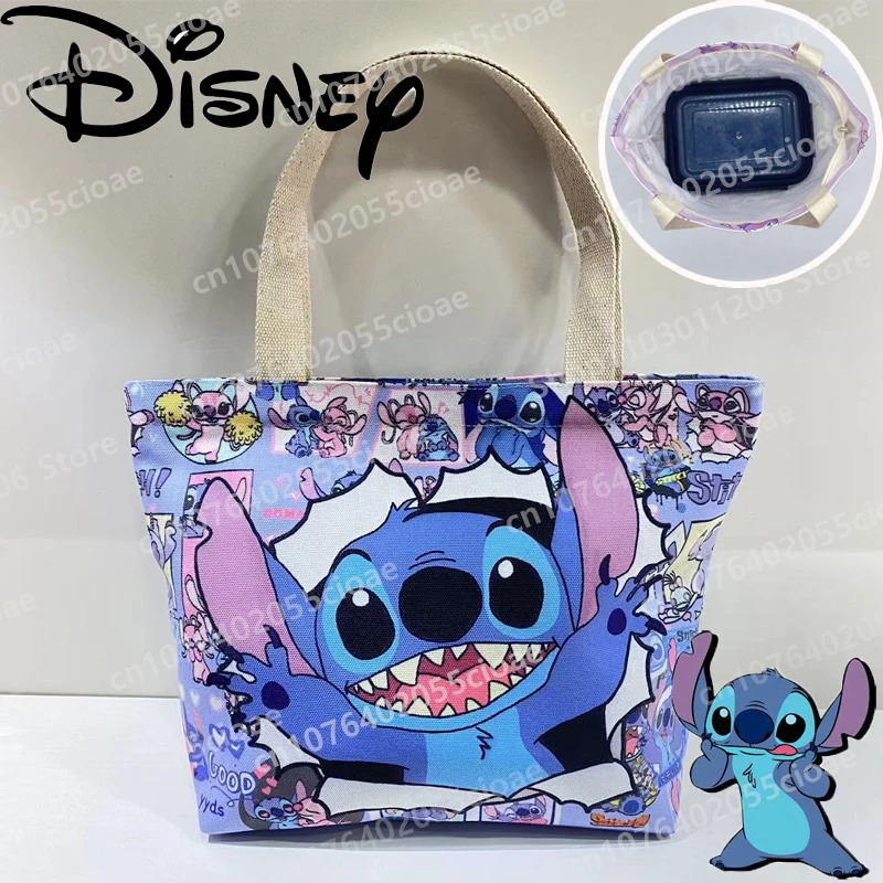 Disney Tote Bag Kawaii Stitch Canvas Bag Cartoon Print Large Capacity Bento Storage Bags Fashion Lunch Box Bag Girl Gifts