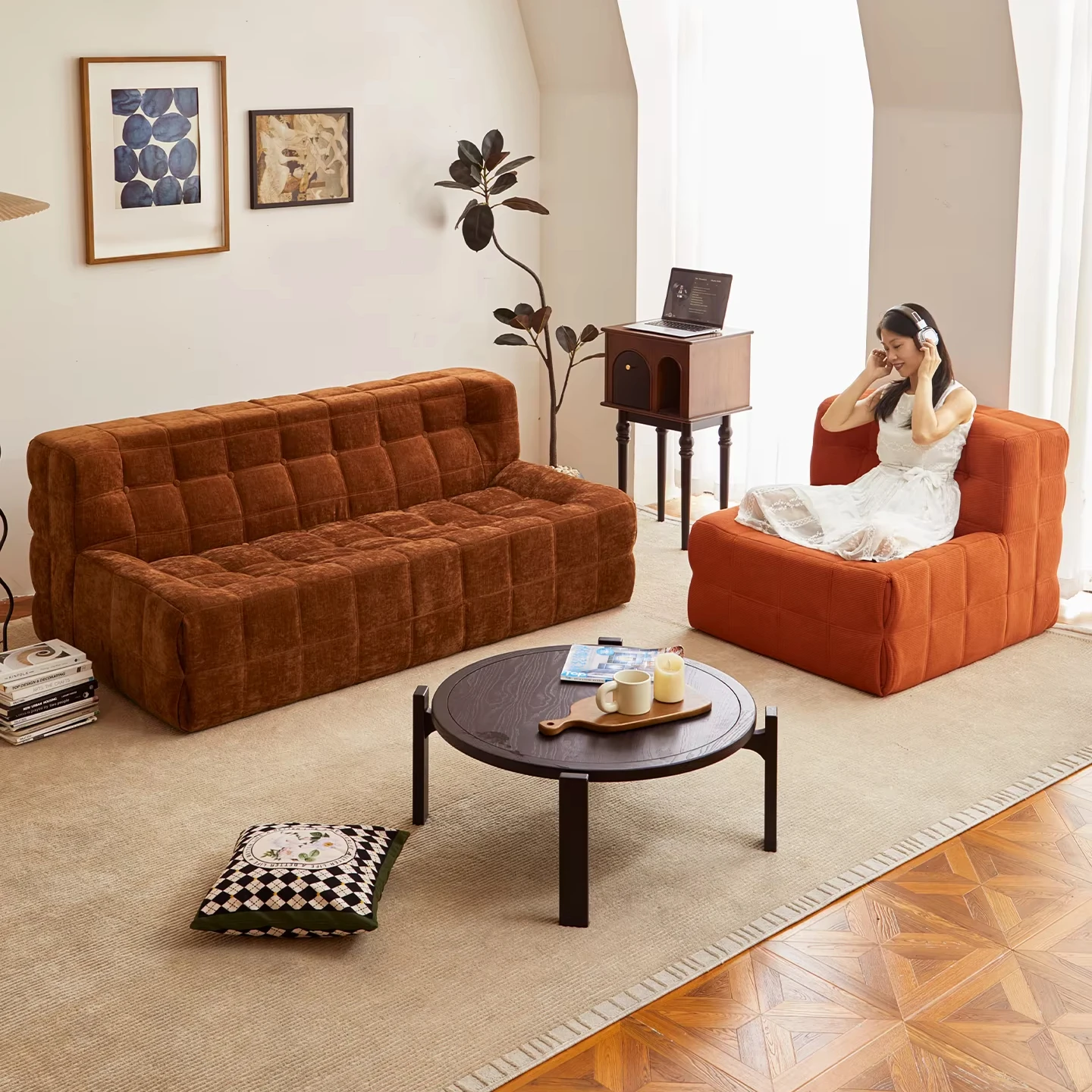 Modern Luxury Living Room Sofa Set Furniture I Shape Single 2 3 Seater Velvet Compression Frameless Vacuum Pack Indoor Designs