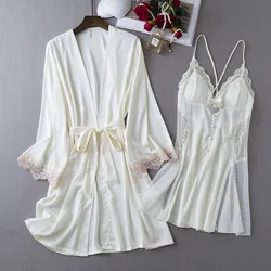 Summer Satin Kimono Bathrobe Gown 2PCS Sleep Set Bride Wedding Robe Suit Lingerie Women Lace Nightdress Sleepwear HomeWear