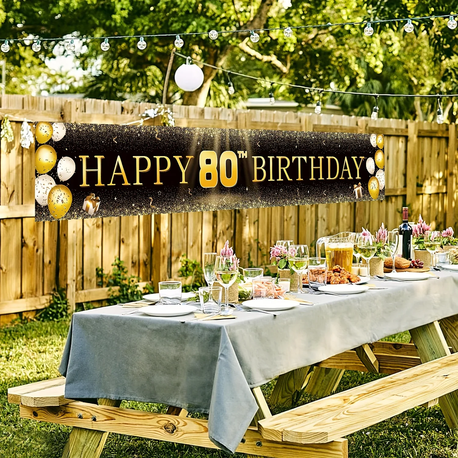 Happy 80th Birthday Banner - Large durable fabric yard sign, suitable for indoor/outdoor celebrations, black