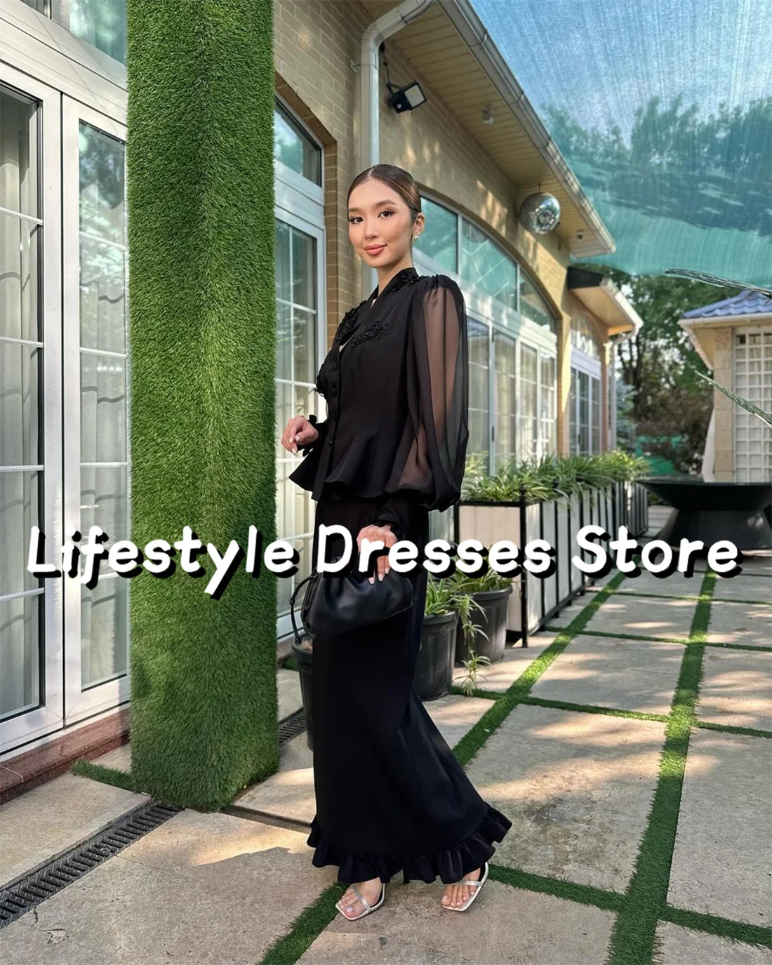 Customized Puff Long Sleeves Black Evening Dresses Bead Butterfly Appliques Formal Party Gown Black Prom Dress vestidos de gala