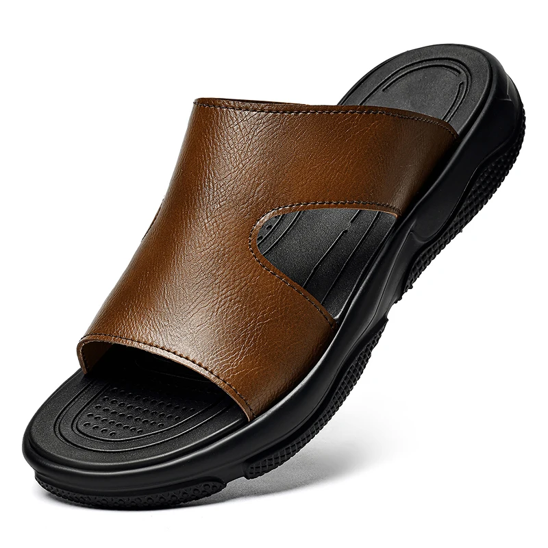 Men's Leather Slide Sandals Non-slip Thick Sole Casual Slippers Summer Outdoor Beach Shoes Breathable Lightweight Footwear