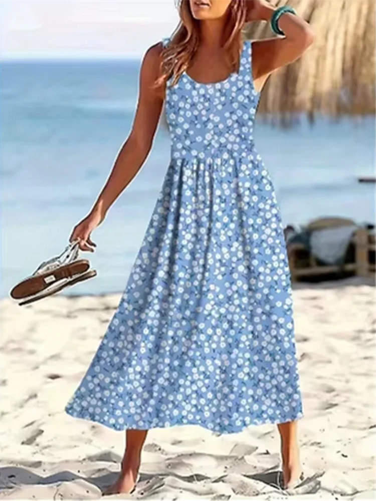 Blaues ärmelloses Kleid mit quadratischem Ausschnitt für Damen, Blumenmuster, A-Linien-Kleider, Damen-Sommer-Sexy-Urlaubskleid, Robe
