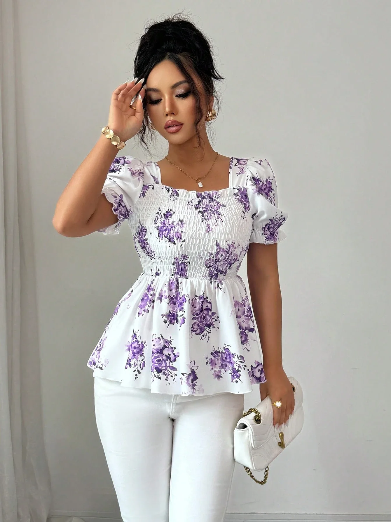 

Lavender Floral Print Smocked Waist Square Neck Puff Sleeve A-Line Blouse
