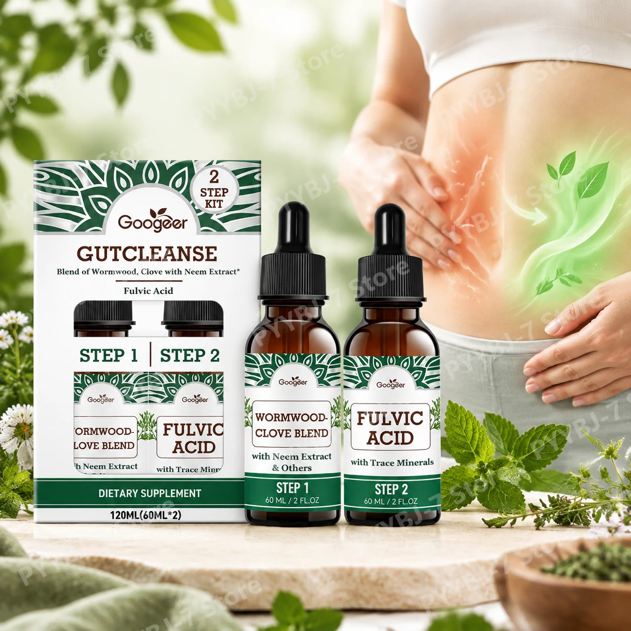 GutCleanse 2-Step Drops Calm Digestive Irritation Relieve Bloating Wormwood Clove Boosts Mineral Absorption, 120ML 2 Bottles