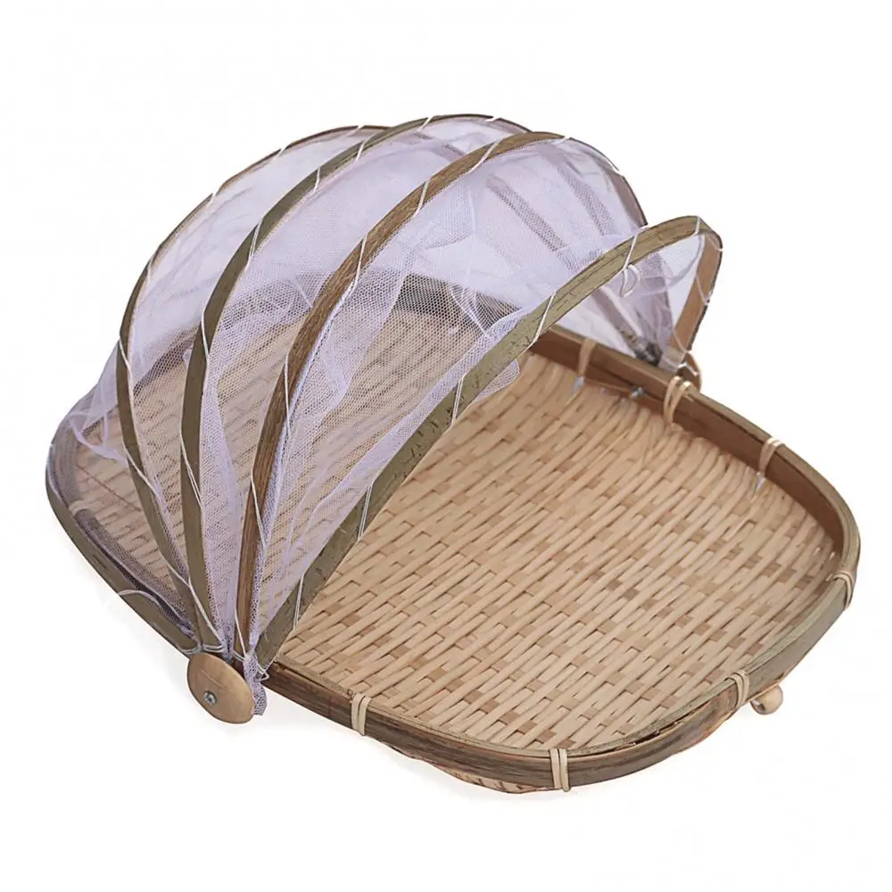 Bamboo Woven Storage Basket Mesh Handmade Food Fruit Anti Flies Net Cover Tent Sundry Container Kitchen Storage Tray