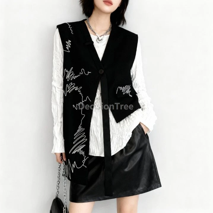 Personalized Chinese Style Embroidered Black Vest Lady Suit style Casual Vest Irregular Design Sleeveless Top Daily Outwear Vest