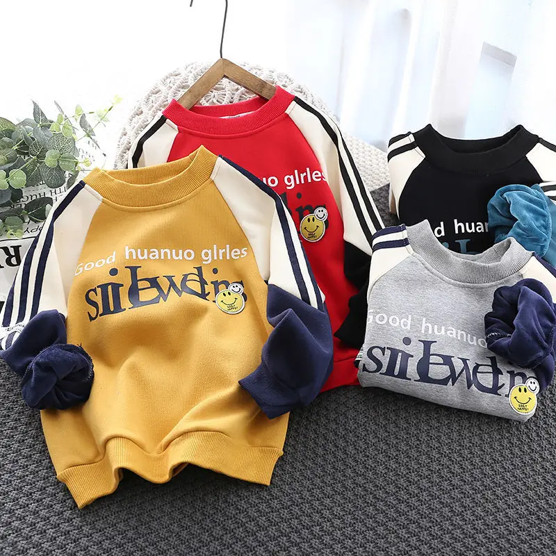 Boys Spring and Autumn Sweater 2023 New Fleece-lined Thick Upper Garment Medium and Big Children round-Neck Shirt Loose Fashion