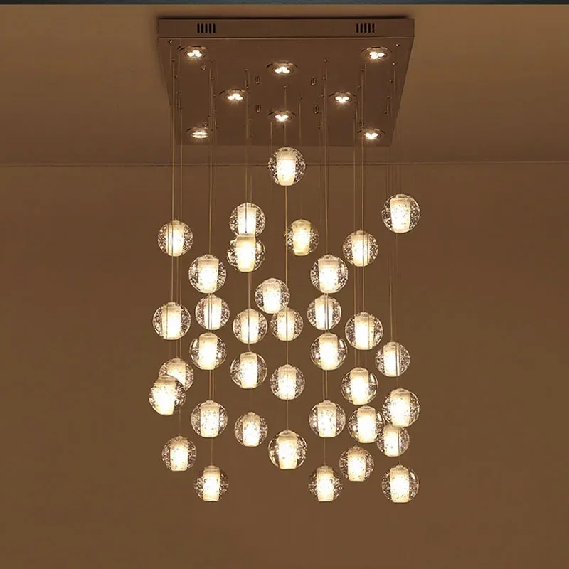 36 Lights Clear Cast Glass Crystal Sphere Magic Ball Meteor Shower Chandelier  Polished Chrome Rectangular Stainless Steel Base