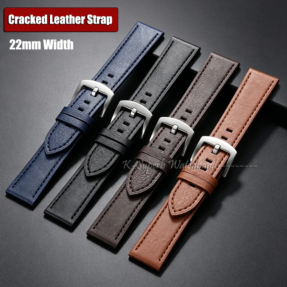 22mm Universal Bracelet for Men Wristbands Vintage Oil Wax Cracked Texture Watch Band Brown Black Cowhide Straps Pin Buckle