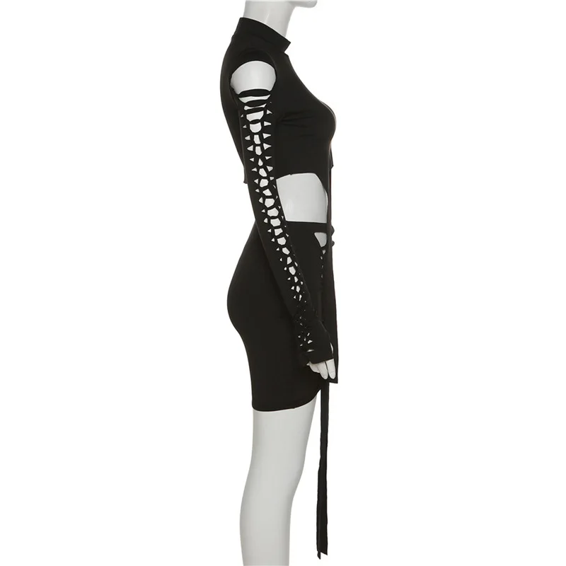 New autumn women's fashion round-neck long-sleeved hollowed-out T-shirt and a slimming, hip-hugging skirt set