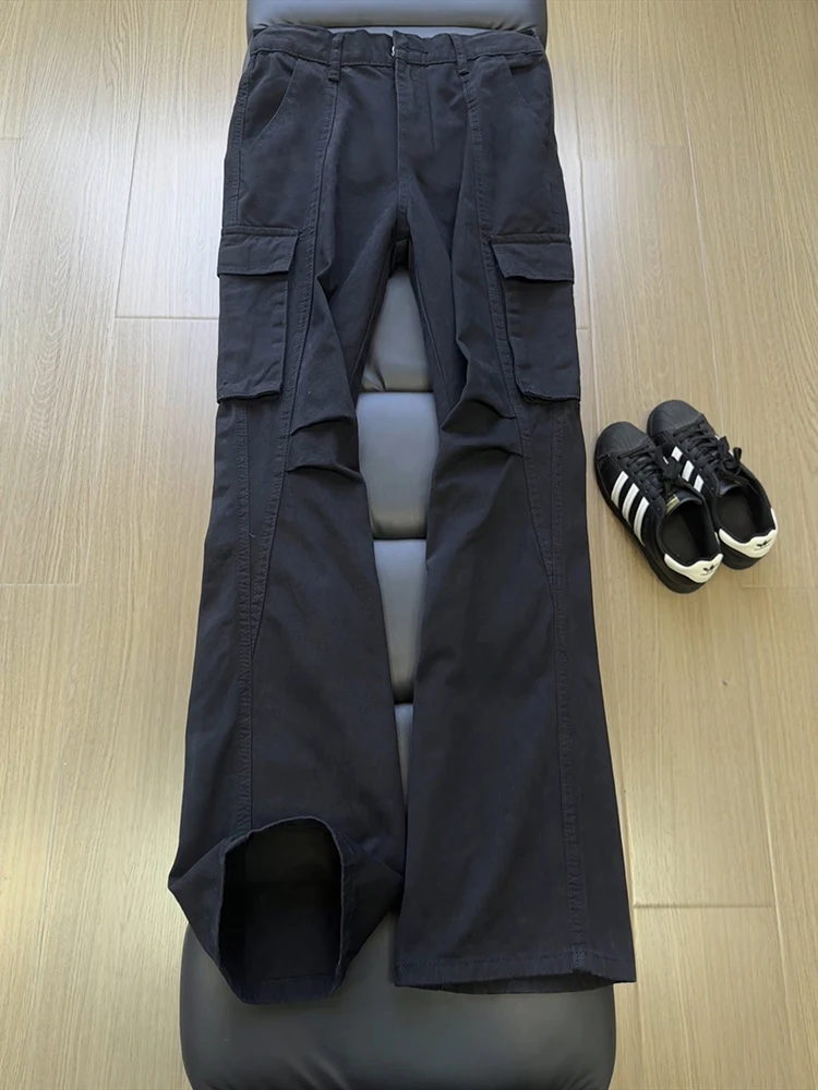 Black Pleated Workwear Denim Pants Men's Autumn Winter Vintage Multi-Pocket American High Street Knife Flared Pants