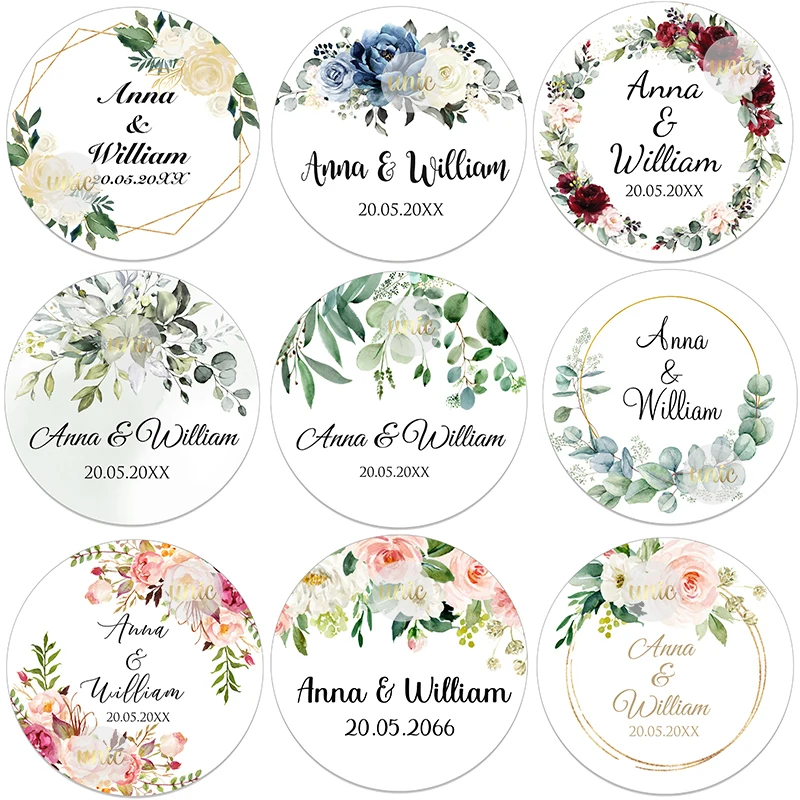 100pcs Personalized Round Label Stickers Custom Floral Stickers for Wedding Bridal Shower Baptism Communion Bar Mitzvah Favors