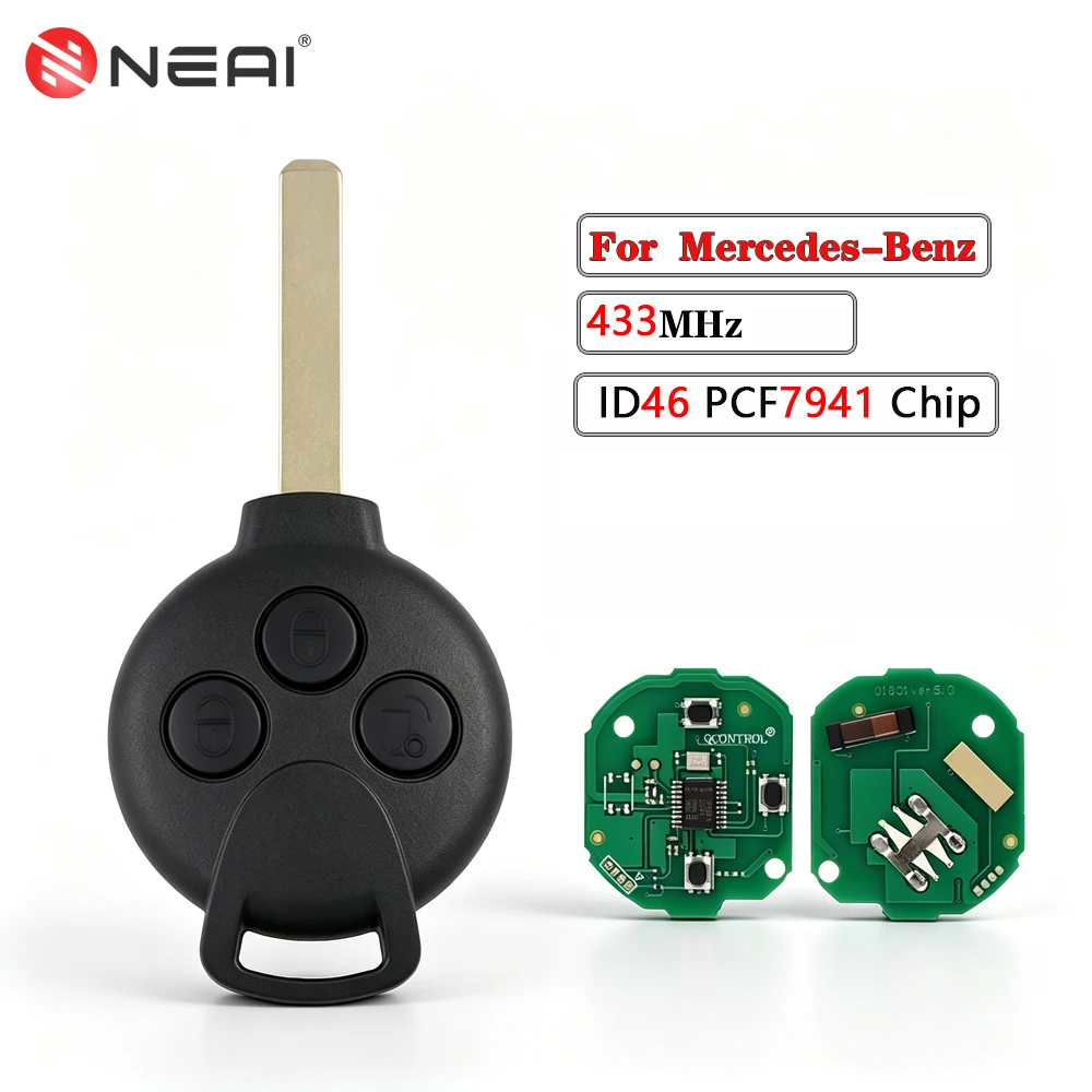 

NEAI Remote Smart Car Key For Mercedes-Benz Smart Fortwo 451 2007-2013 3 Button 433Mhz ID46 PCF7941 Chip Keyless Entry No Logo