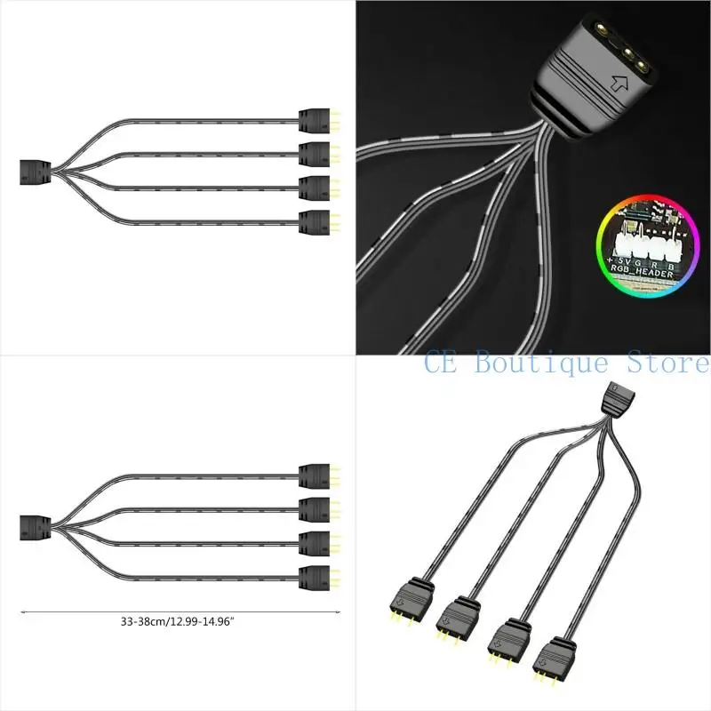 652F ARGB 5V 3Pin Extension Cable Adapter 33cm 1 to 4 RGB Splitter Cable Cord forMSI LED Splitter