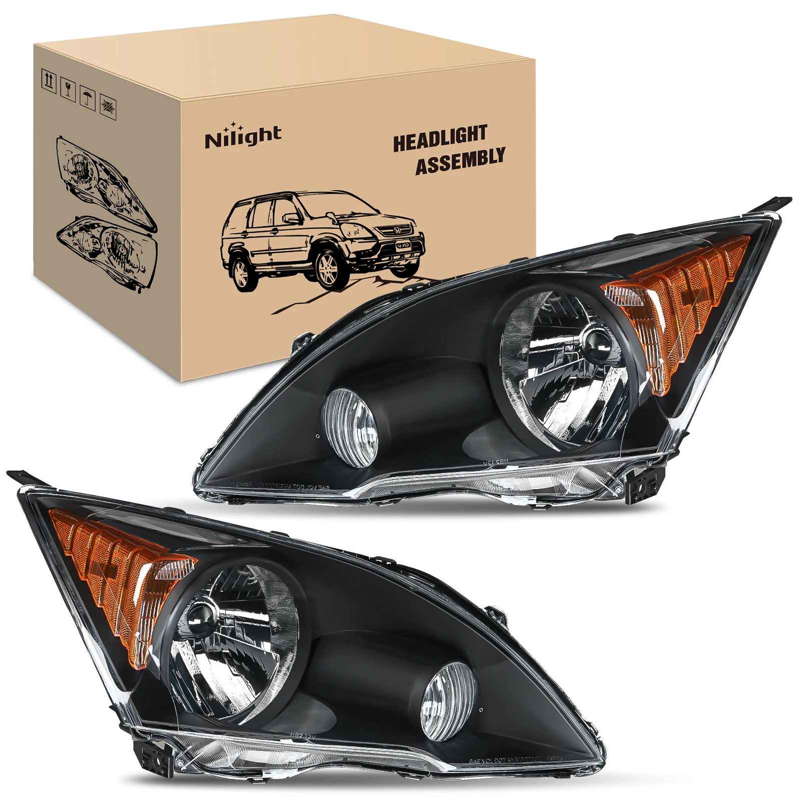 Nilight Headlights Assembly for Honda CRV(CR-V) 2007 2008 2009 2010 2011 Headlamp Black Housing Amber Reflector