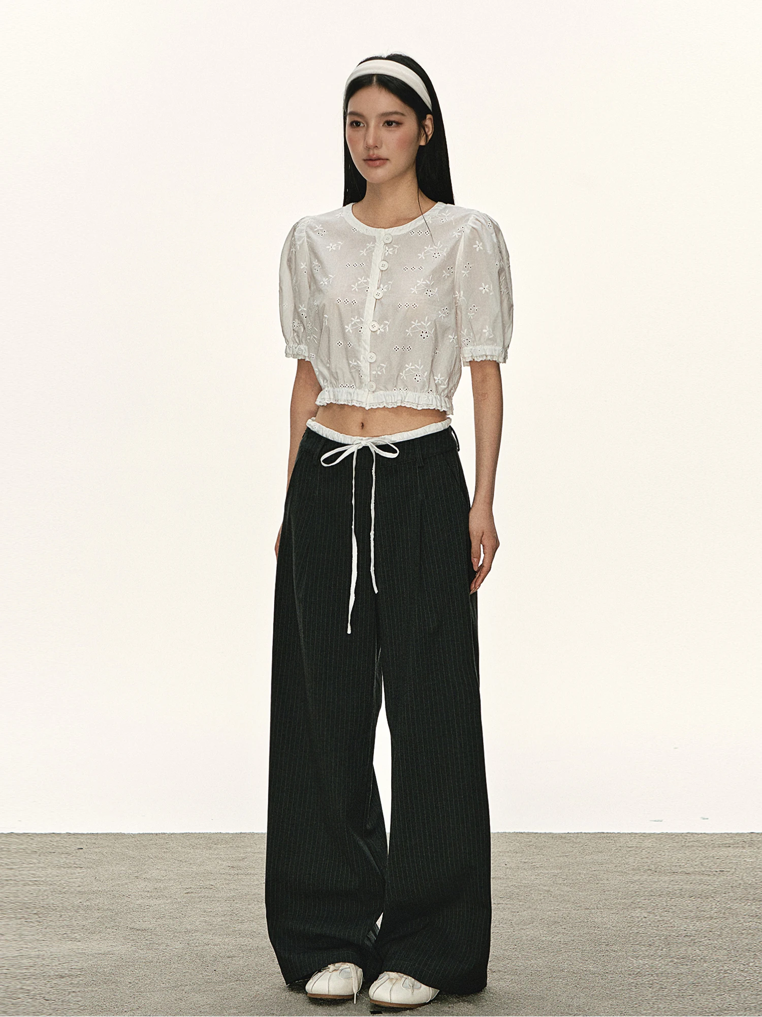 Deep Grey Draped Stripe Straight Leg Wide Leg Pants Women Summer Thin Loose Casual Trousers Casual Style Low Waist Belted