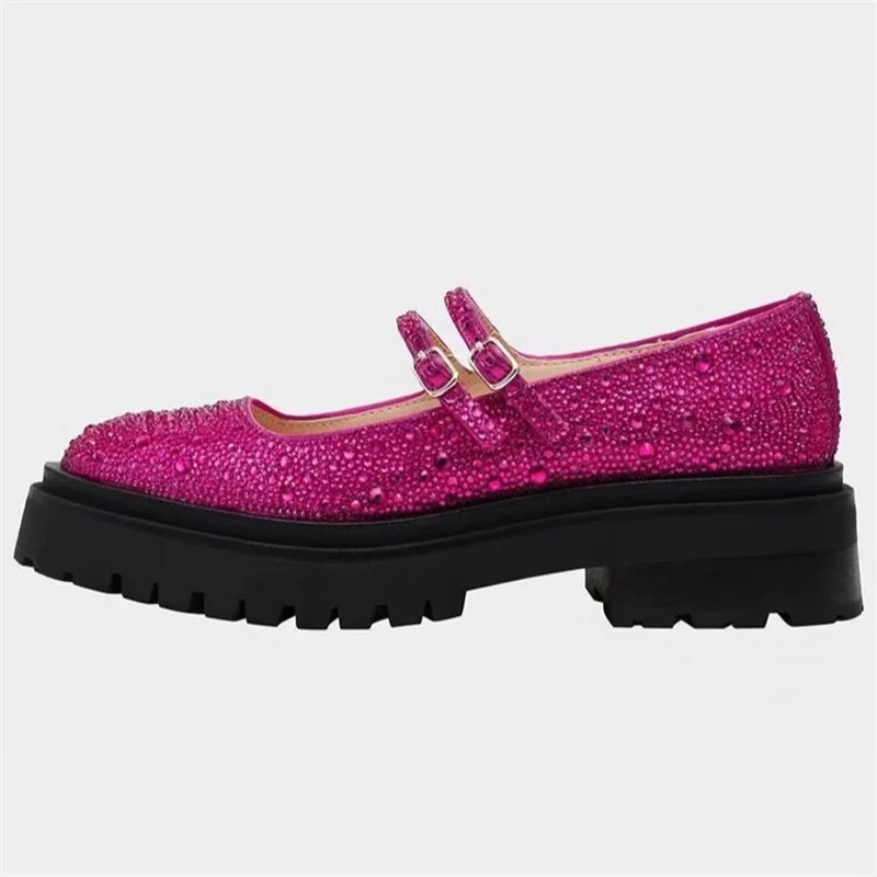 Rhinestones Decoration Bling Mary Jane Cover Round Toe Heighten Shoes Retro Thin Buckle Strap Muffin Comfort Zapatos Mujer Flat