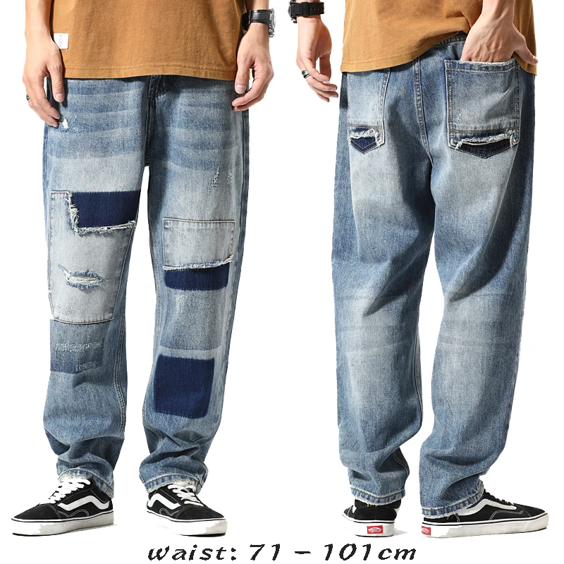 

High quality harem long jeans for men big size ripped tassel wash cotton denim vintage trousers new 2024 clothing - blue