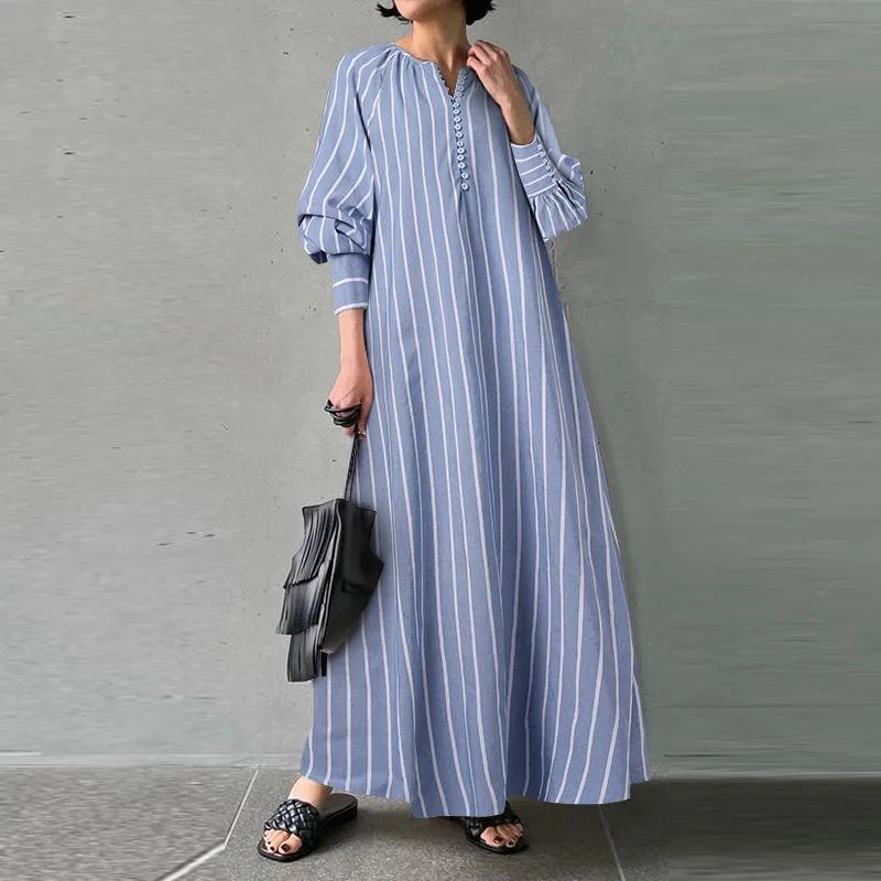 

Women's 2024 Cotton And Linen Striped Round Neck Long Sleeve Simple Loose Long Pullover Dress Vestidos Elegantes Feminino