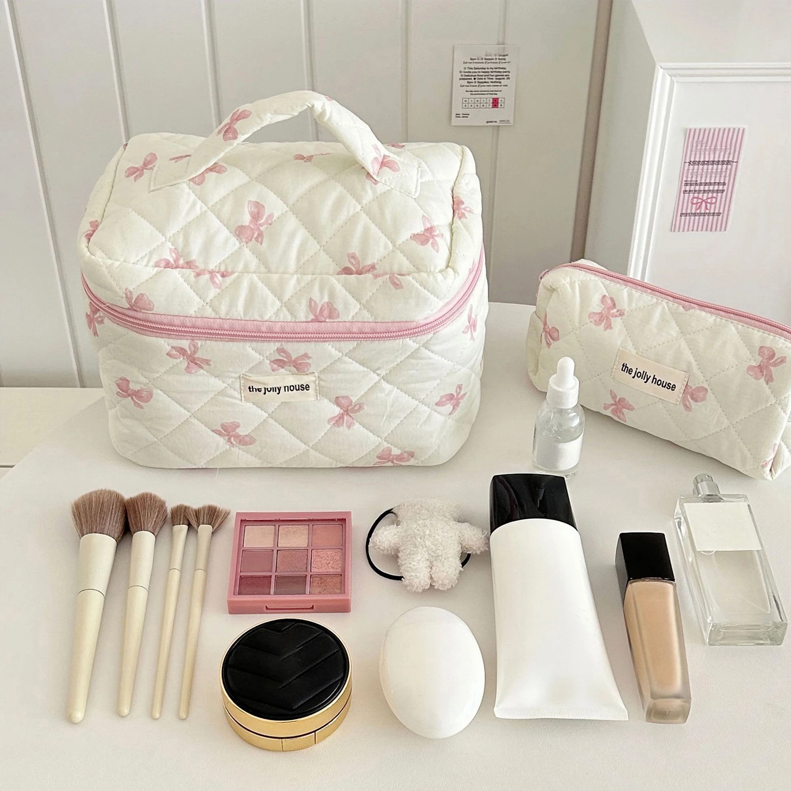 Borsa cosmetica semplice con fiocco carino borsa da toilette da viaggio portatile di grande capacità borsa per cosmetici borse Organizer per ragazze