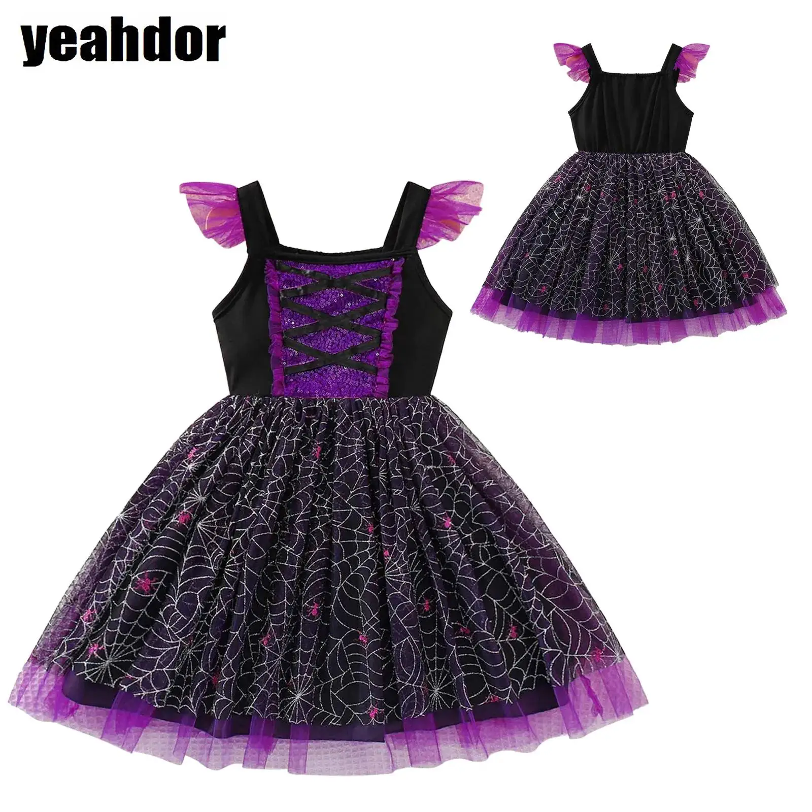 

Girls Cosplay Witch Costume Halloween Puffy Tutu Dress Spider Web Print Vampire Princess Dress Up for Christmas Birthday Party