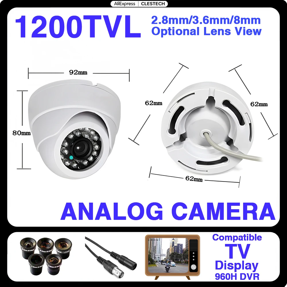 

Indoor Security Solution Easy Installation For Home Analog CCTV Camera White 2.8mm 1200TVL HD CVBS Night Vision IR-CUT Mini Dome