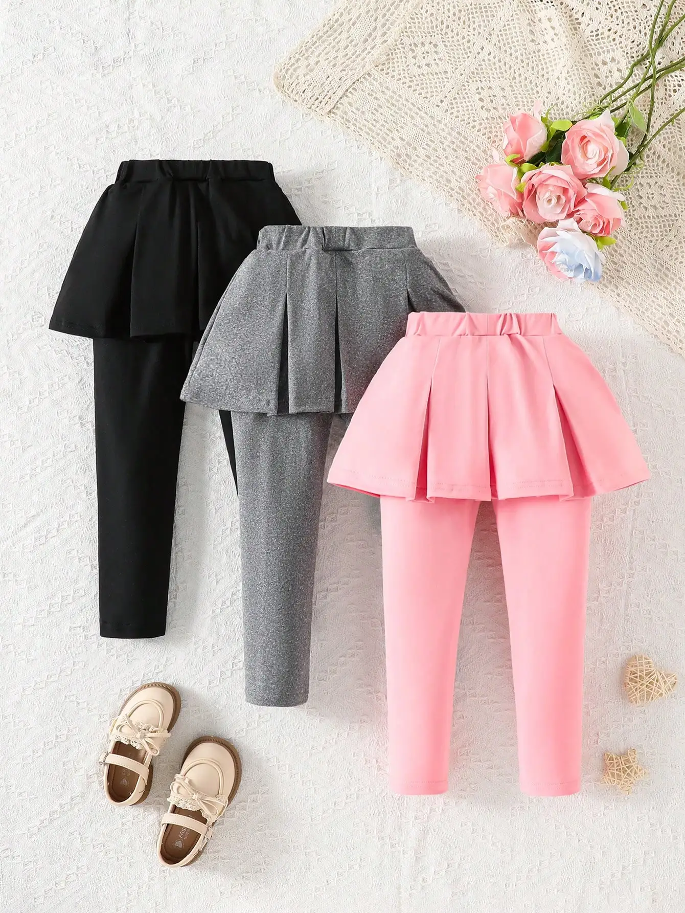 Playful Pals 3pcs/Set Young Girl Fashion Skirt + Leggings 2 In 1 Pants, Popular Items, Soft & Stretchy Material, Suitable For Sports, Outdoor, Dance, Photography, Various Occasions Chic For Autumn/Winter Fall