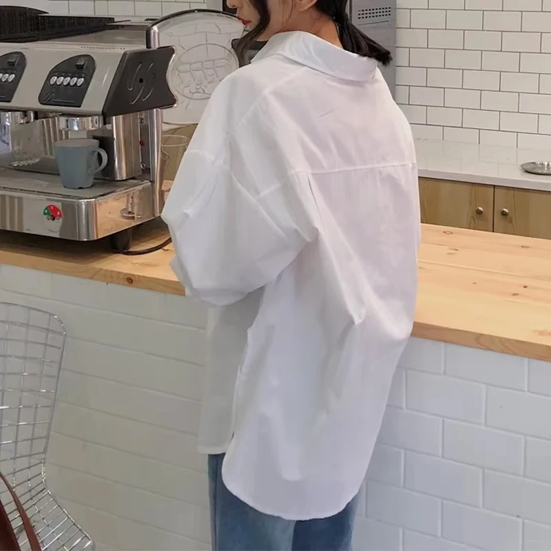 2025 ol estilo camisa feminina branca de manga comprida com bolso casual fenda blusa solta versátil plus size tops para mulheres 11456