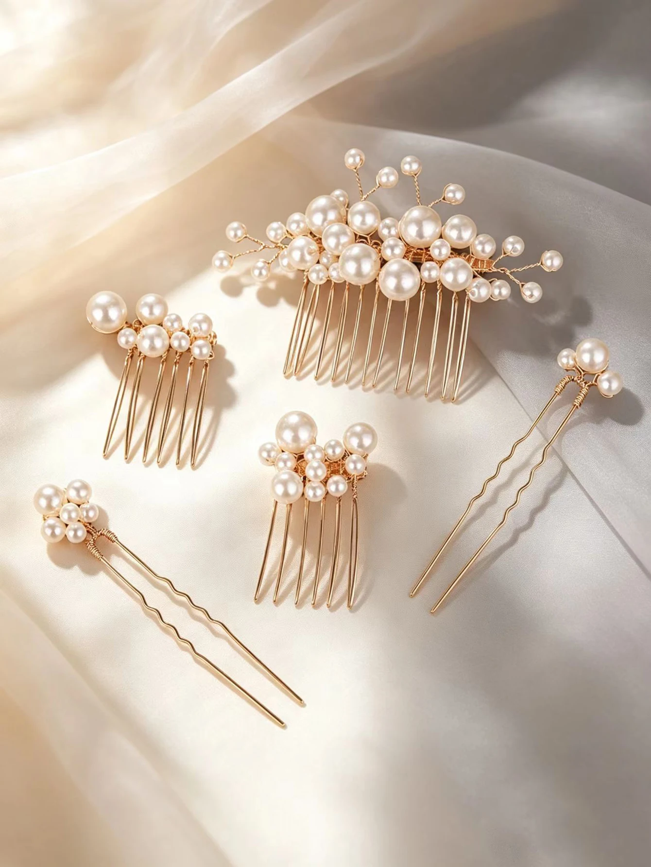 Korean-Style Bridal Pearl Hair Accessories 5-Piece Set, Light Luxury Gold Hair Comb and Hairpin Set, Versatile Wedding and Evening Gown Hair Accessories