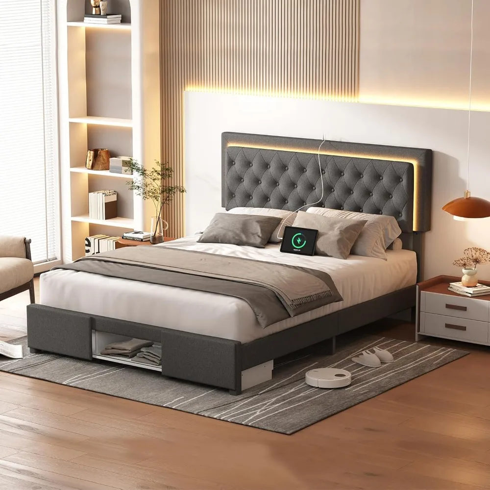 

Queen Bed Frame with Storage & USB Charging Station, Heavy-Duty Metal Platform Bed, Quick 45-Min Setup - No Box Spring Needed, D
