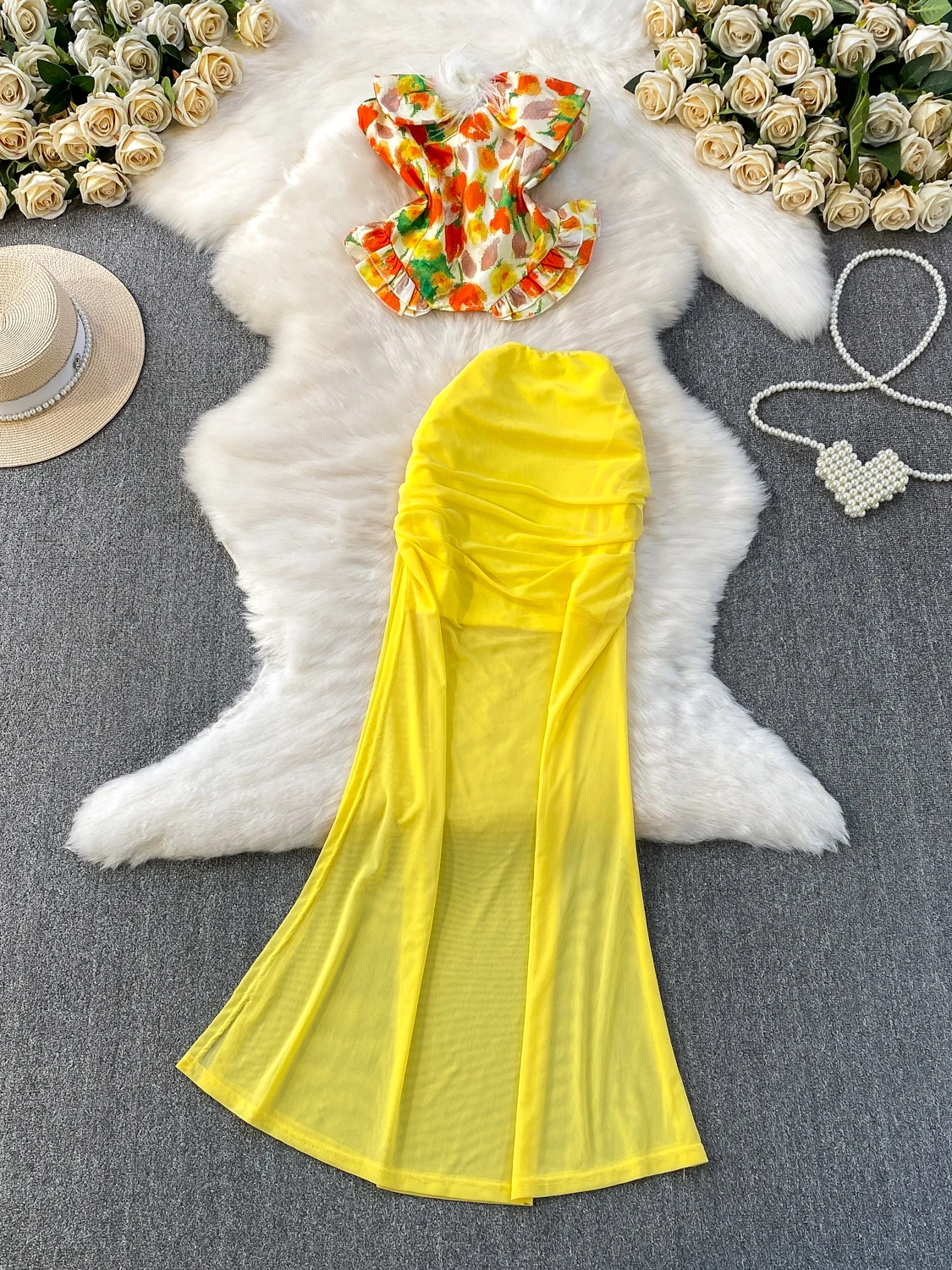 

Потрясающий жилет с цветочным принтом и высокой талией Me для похудения, длинная юбка с длинным хвостом, комплект из двух предметов Beau in Faion, повседневная одежда