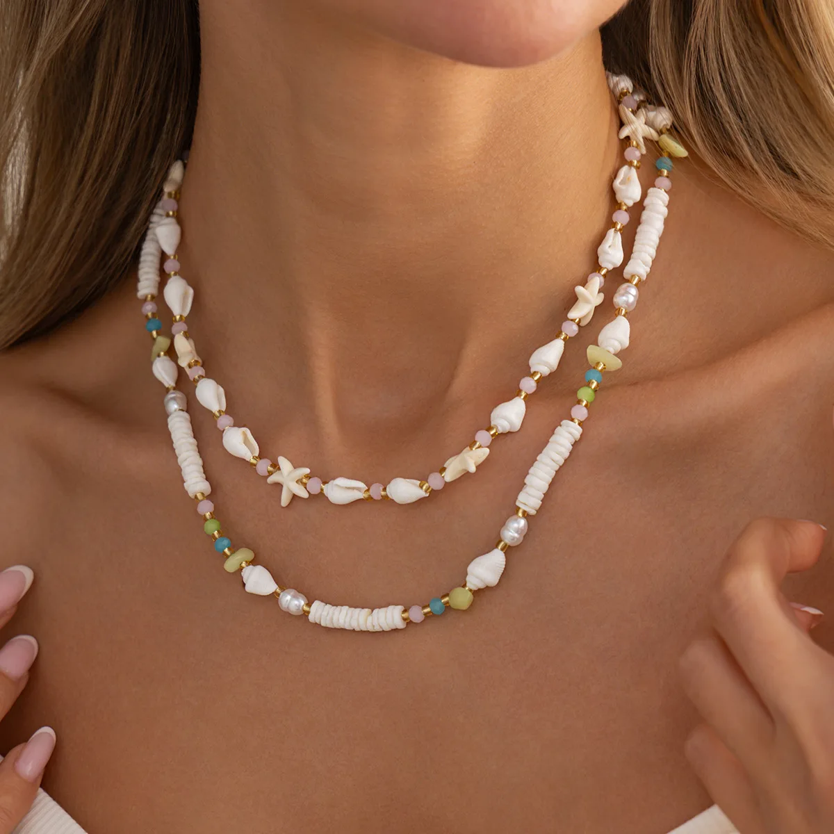 Necklace Handmade Layered Crushed Stone Shell Pearl with Starfish Charm for Resort Summer Beach Women Trendy Jewelry