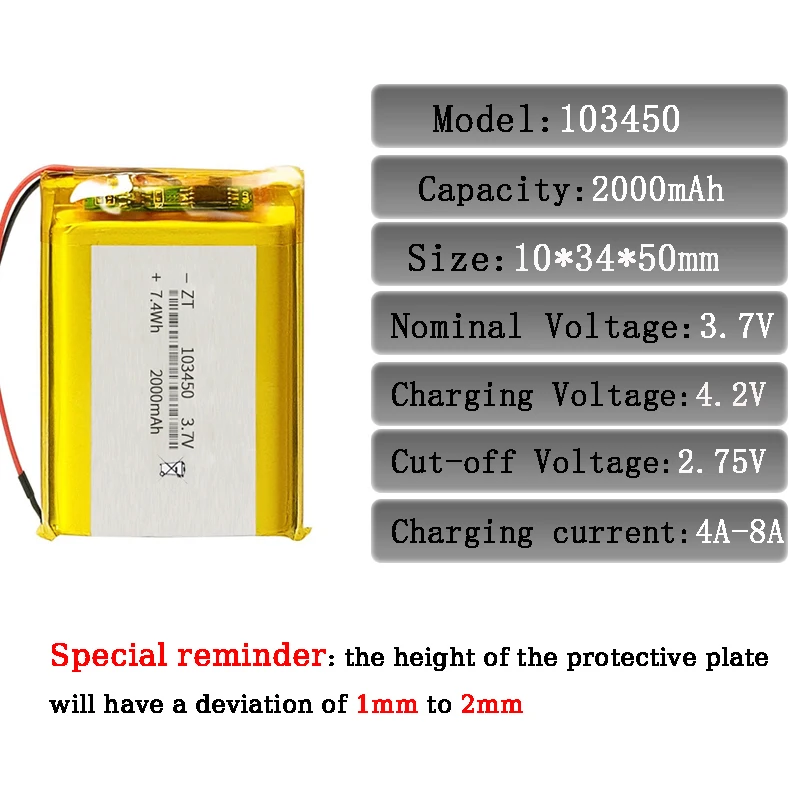 5Pcs 3.7V 2000mAh 103450 Polymer Lithium Battery Lithium Ion Battery For Power Bank GPS 100% Real Capacity