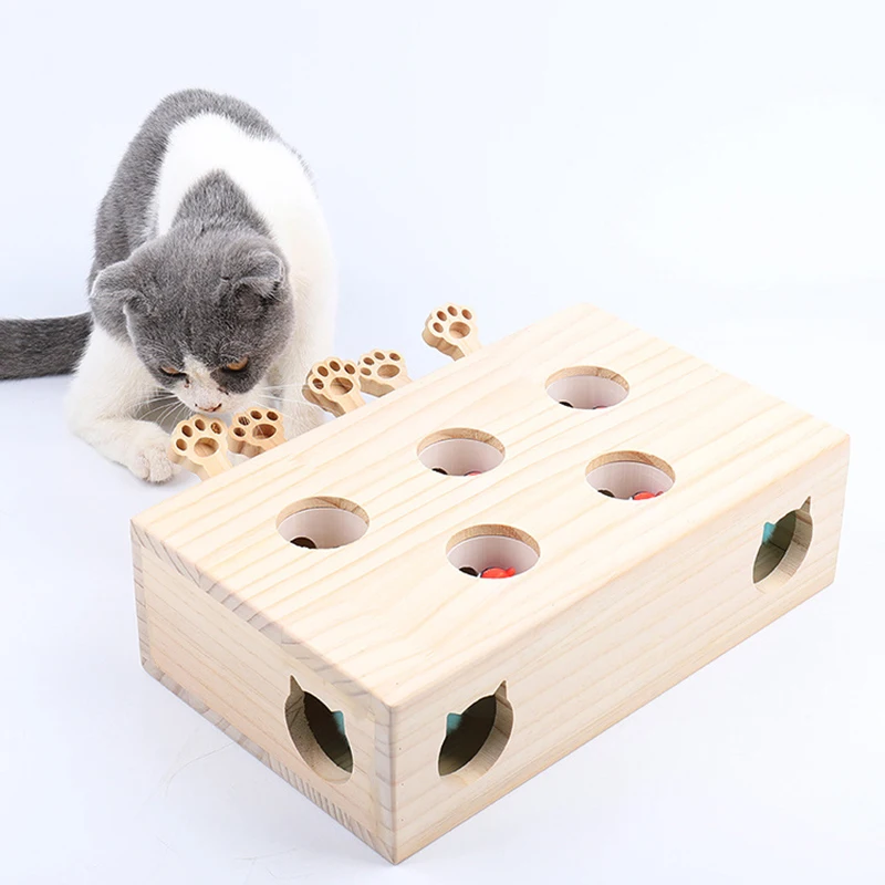 Cat Hunt Puzzle Toy Cat Catching Mouse Interactive Toys with 5-holed Mouse Holes Pet Hit Hamster Wooden Maze Pet Puzzle Supplies