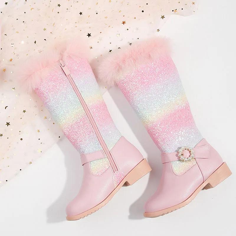 Girls' Leather Boots Winter Snow Boots Side Zipper High Plush Princess Boots Warm Rainbow Children's Boots Size 25-35 CSH1602