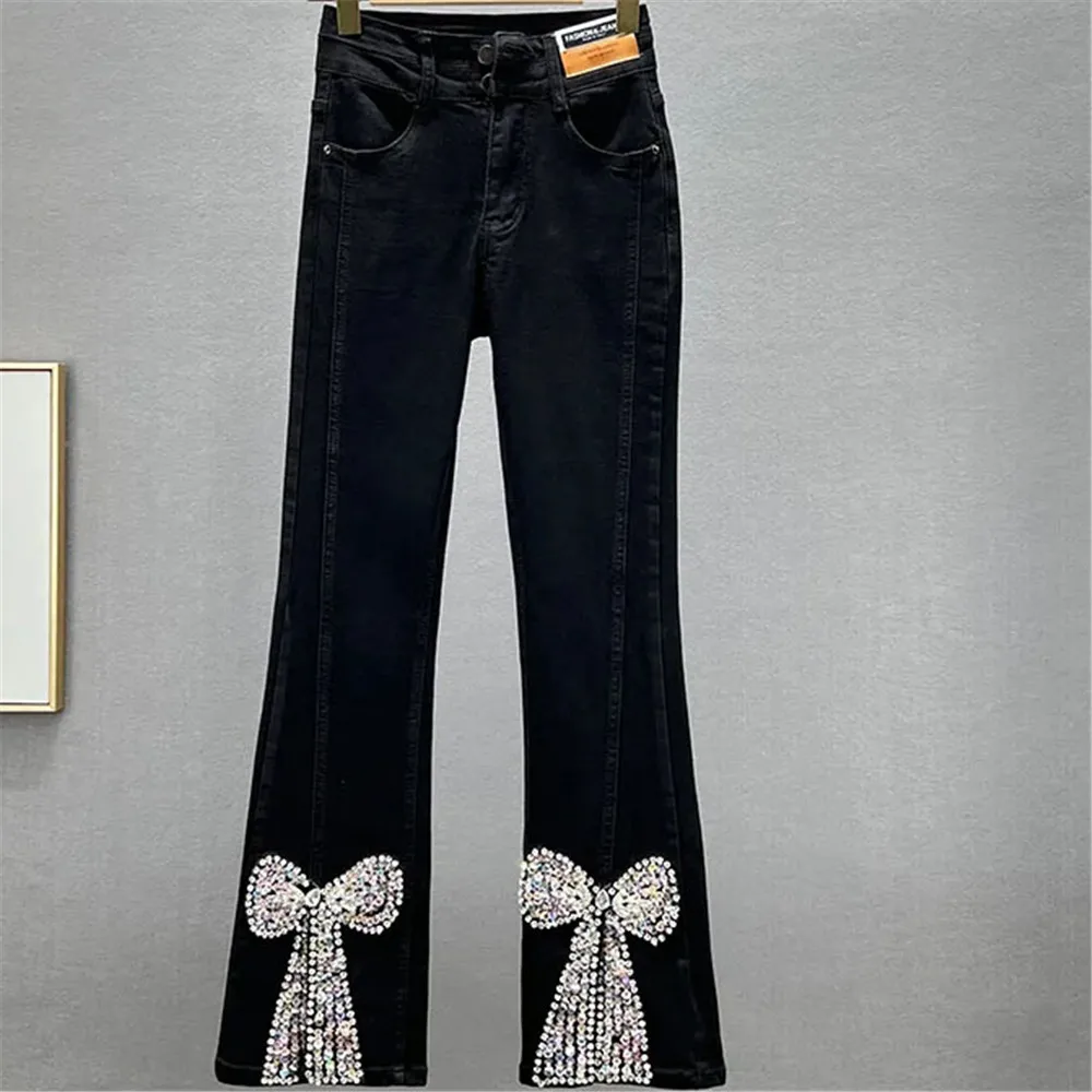 Jeans 2024new Summer High Waist Slimming And Slimming European Goods With Diamonds And Sequins Micro Flare Pants Trendy Casual