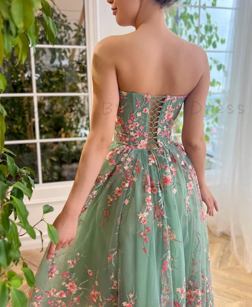 Sage Green Tulle Prom Dresses para Adolescentes, bordado de renda rosa, chá de comprimento, vestido de festa, vestido A-line