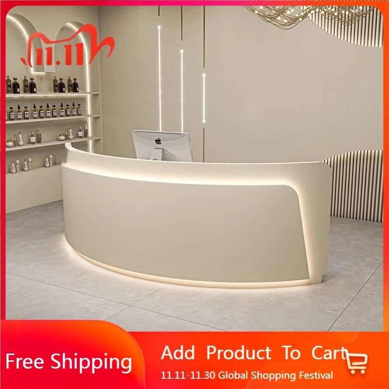 

Minimalist European Reception Desks Organizers Curved Luxury Aesthetic Reception Desks Led Lights Best Bureau Lounge Furniture