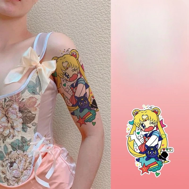 Sailor Moon Tattoo Sticker Cartoon Japanese Soft Girl Arm Thigh Washable Long-lasting Realistic Scar Covering Sticker Festival