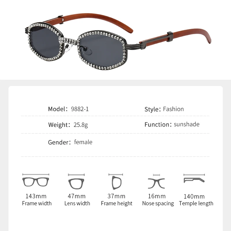 Owalne okulary przeciwsłoneczne w nowym stylu dla kobiet z diamentami, modne okulary przeciwsłoneczne w stylu retro z imitacją drewna, wysokiej klasy okulary przeciwsłoneczne — zdjęcie 7