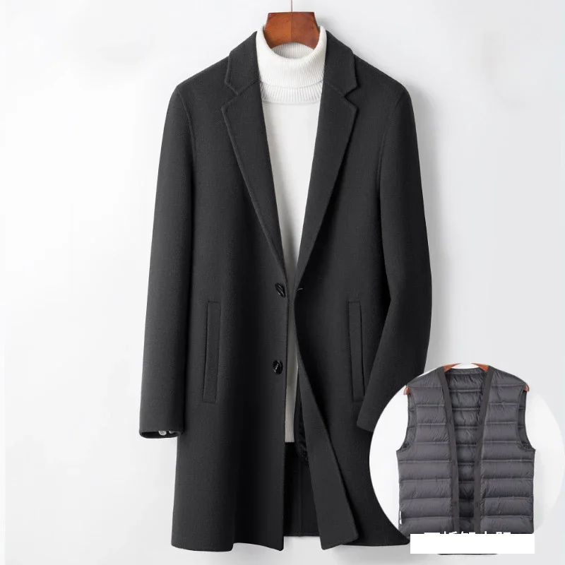 Business Men's Winter Thick Solid Color Lapel Mid Length Fashionable Coat